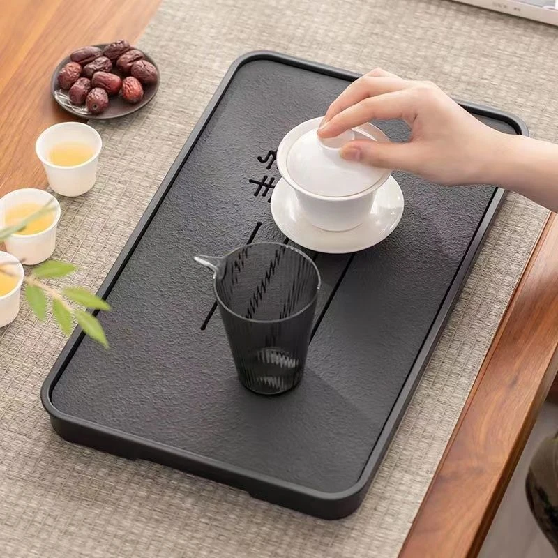 轻奢简约日式仿乌金瓷石茶具托盘家用排水沥水两用干泡台茶台茶盘