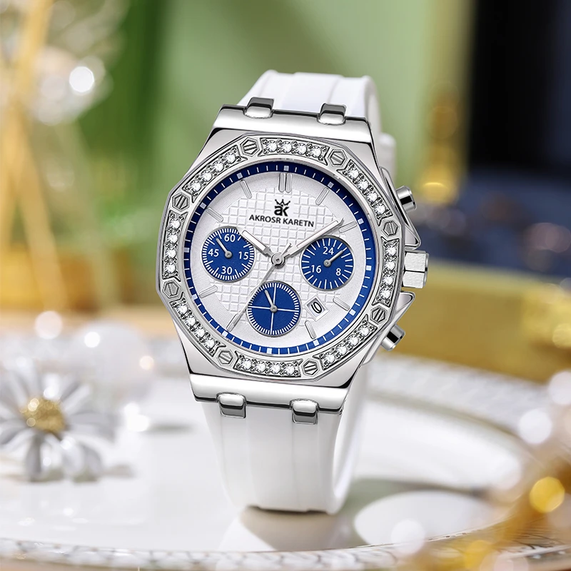 新款时尚皇家橡树蓝三眼日历百搭女士石英腕表008