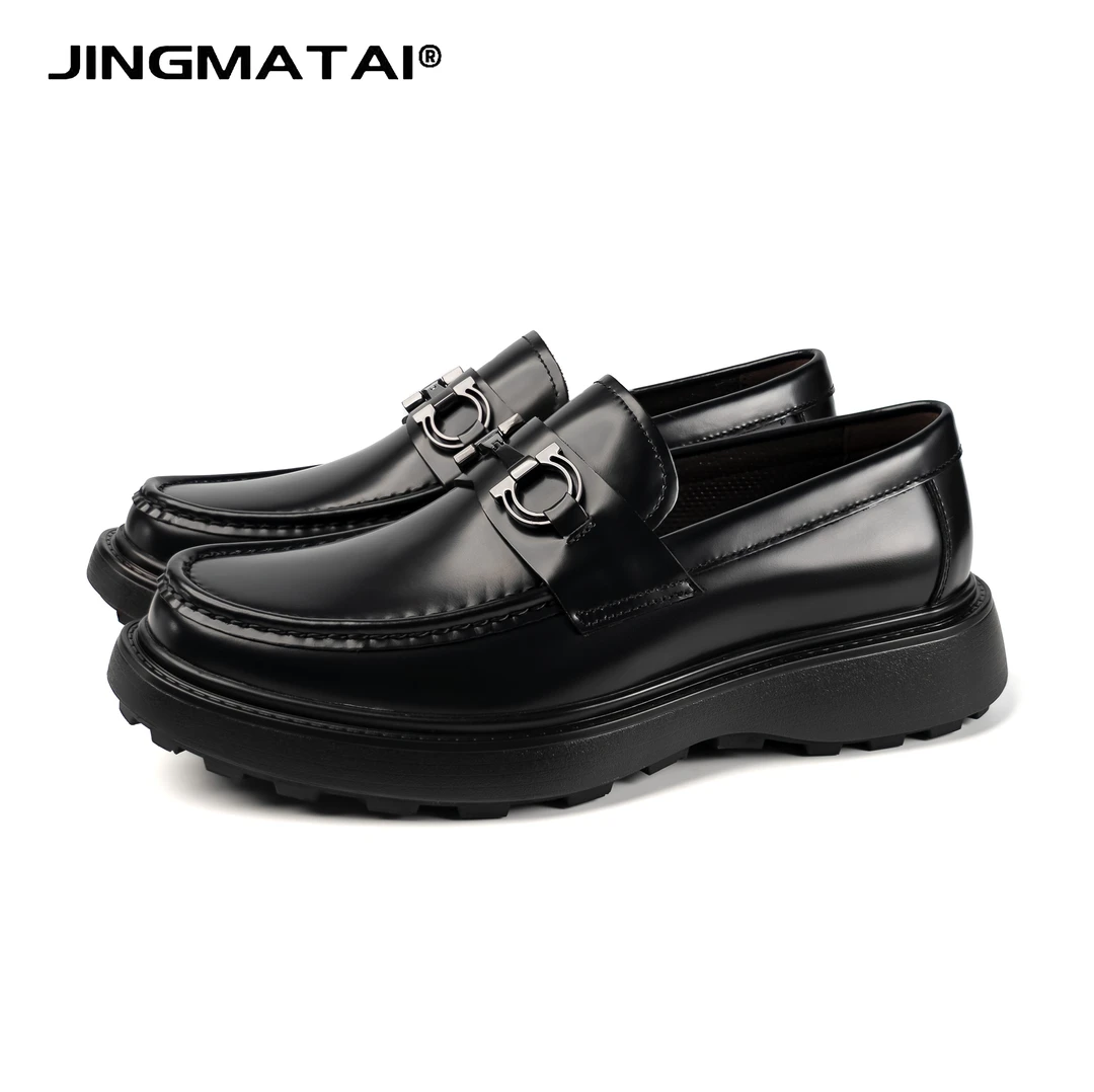JINGMATAI男士潮流舒适四季百搭真皮厚底增高乐福鞋商务皮鞋黑色