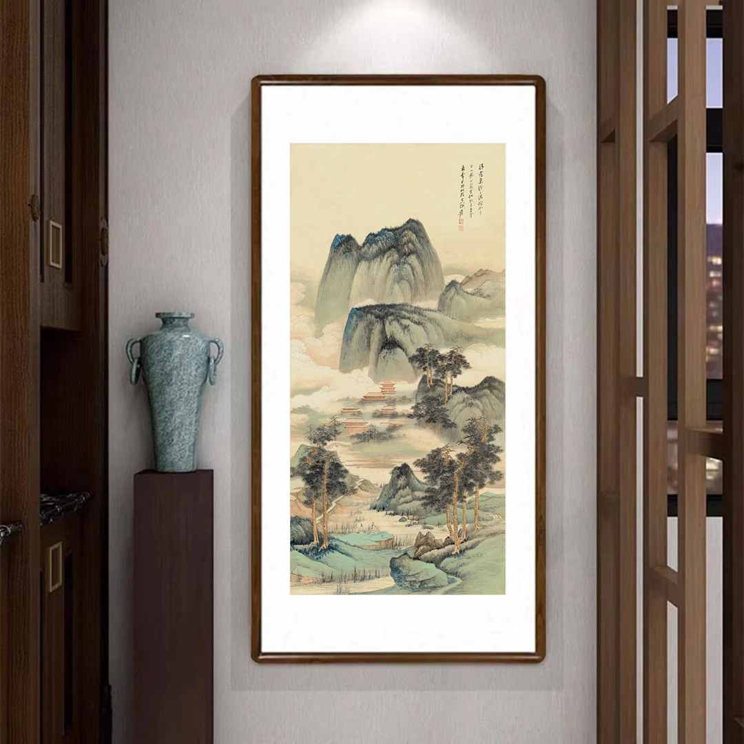 晴霭仙阁图国画山水挂画新中式客厅玄关装饰画办公室书房大气壁画