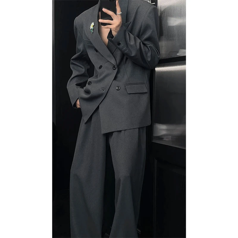 龙叨叨同款高定戗驳领双排扣西装套装男高级感痞帅休闲西服西裤潮