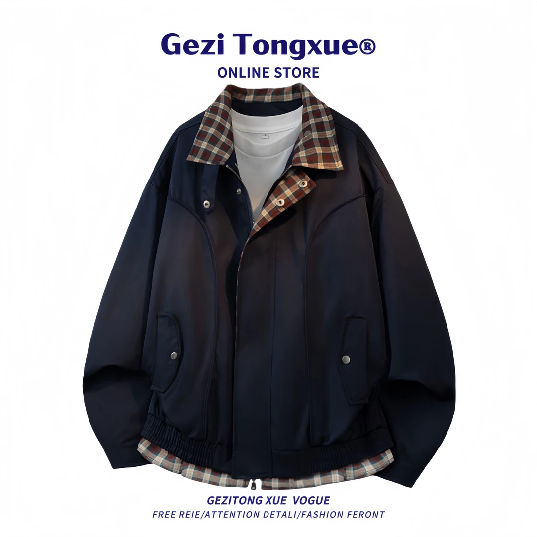 美式情侣格纹拼接哈灵顿夹克男秋季千鸟格假两件设计宽松翻领外套