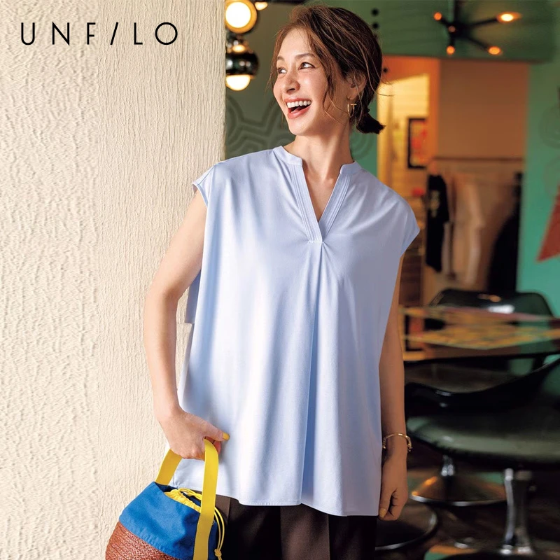 【UNFILO】外穿简约运动衫V领背心女士休闲百搭宽松型无袖T恤女