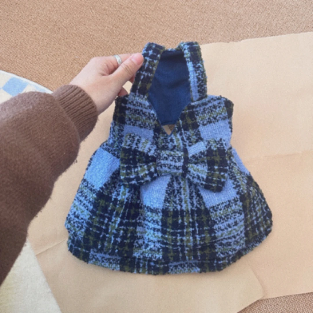 犬乙乐园狗狗衣服宠物猫咪春秋款小香风高级雾蓝格子裙