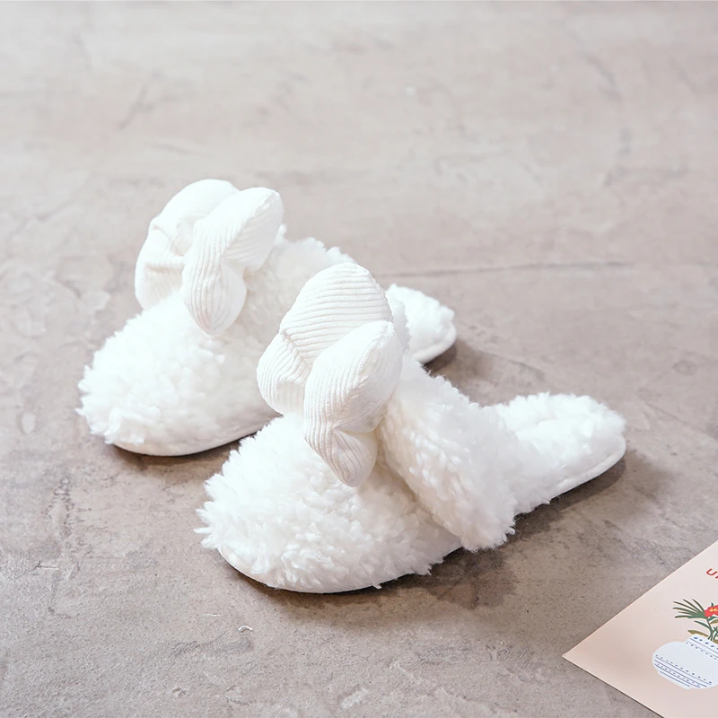 秋冬保暖羊卷绒卡通老鼠耳朵防滑橡胶底棉拖鞋毛绒蝴蝶结秋冬季