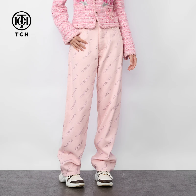 TCH轻奢烫钻工艺百搭时尚粉色阔腿直筒牛仔裤女T72C208011私服tch