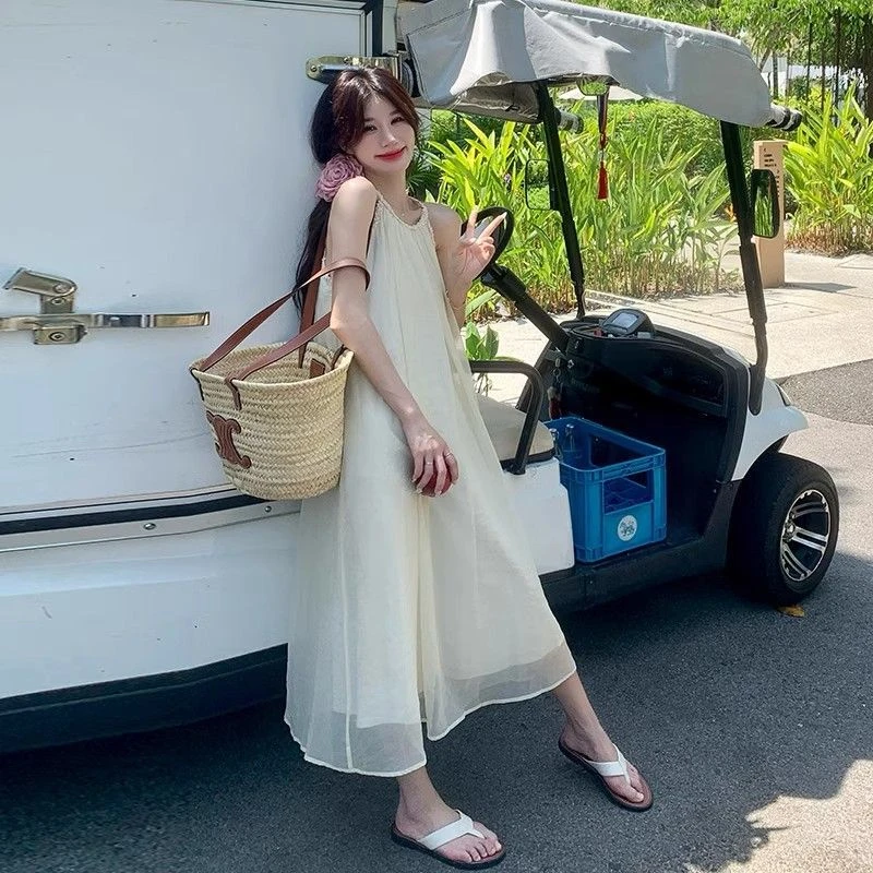 超仙绝美网纱吊带裙女2025夏新款法式甜美度假风小个子挂脖连衣裙