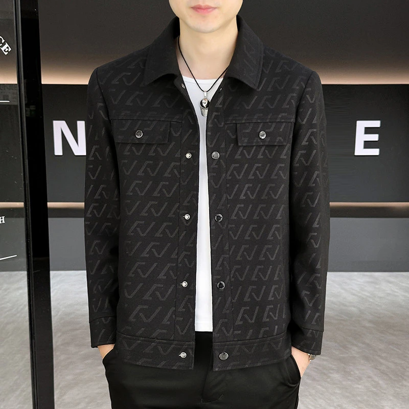 男士牛仔时尚休闲春秋季潮流修身翻领百搭春季印花帅气韩版外套