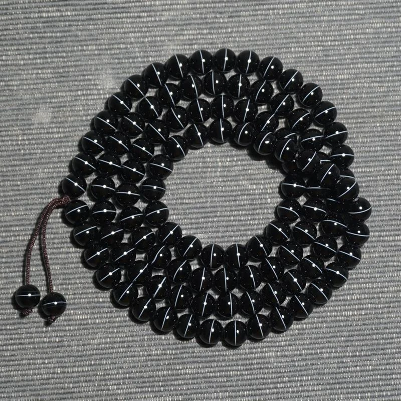 天然一线药师珠玛瑙手链8mm黑白一线手串项链佛珠108颗男女款