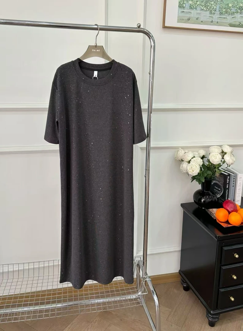 闪闪连衣裙显瘦长裙纯色春季内搭