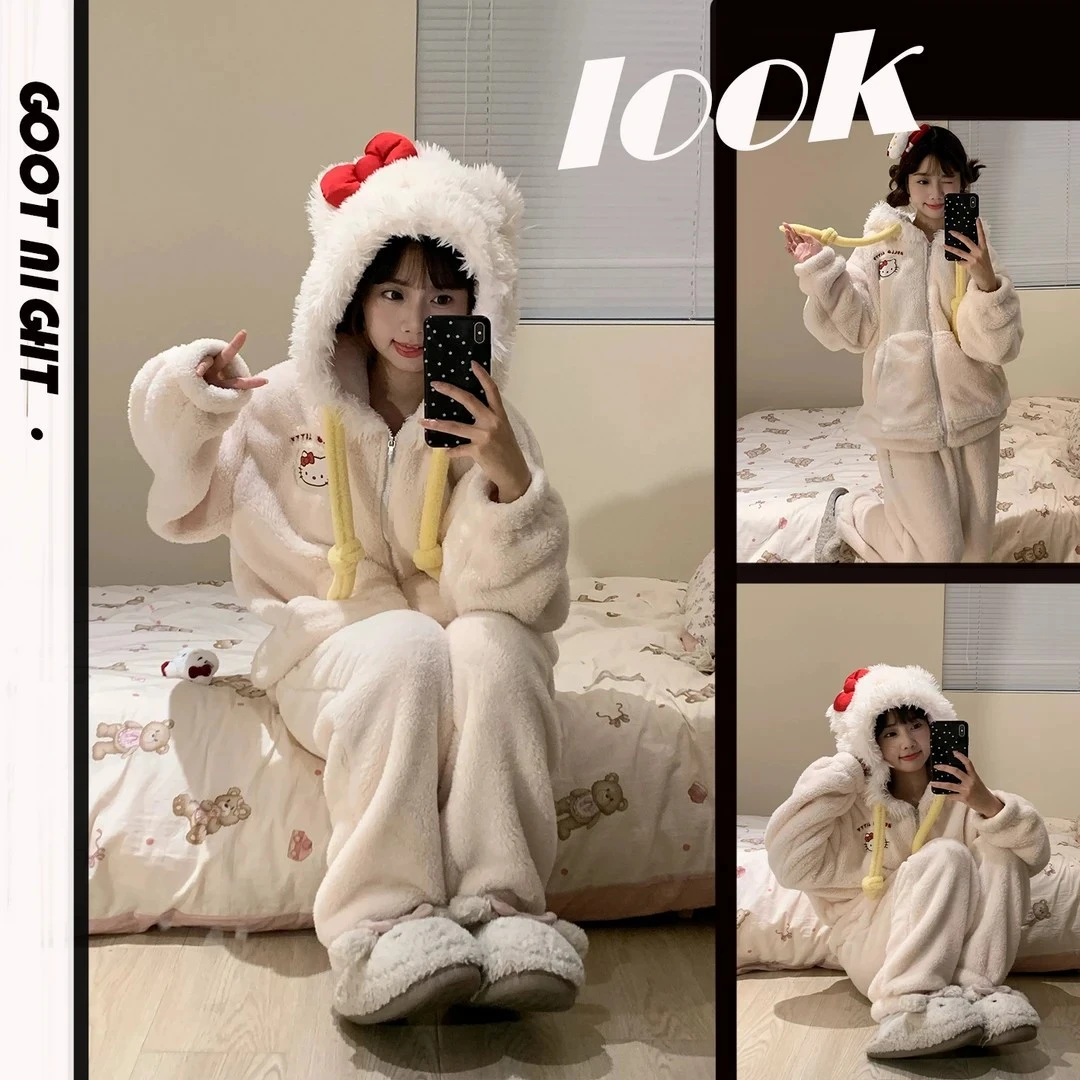 甜美可爱HelloKitty睡衣女冬季新款加绒加厚珊瑚绒居家服睡袍套装