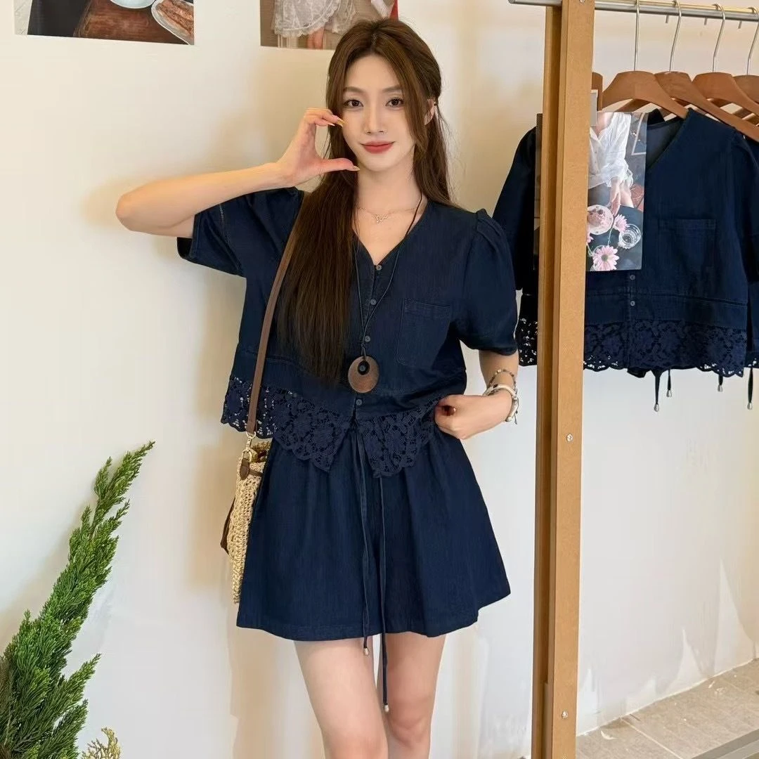 韩版时尚休闲套装2025夏季新款拼接蕾丝上衣+短裤小众显瘦两件套