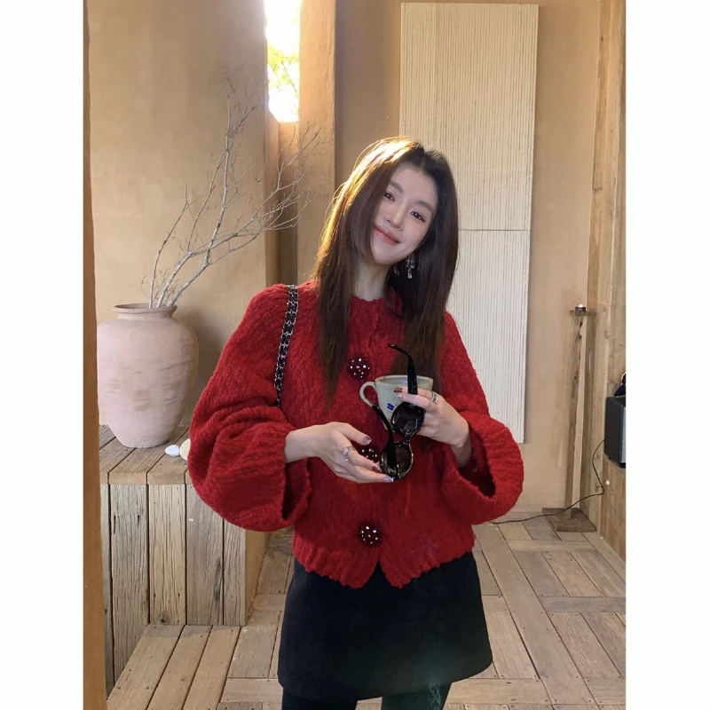 【现货】【红绯酒心】RARE ZZ高奢招财红色绞花软糯经典老钱开衫