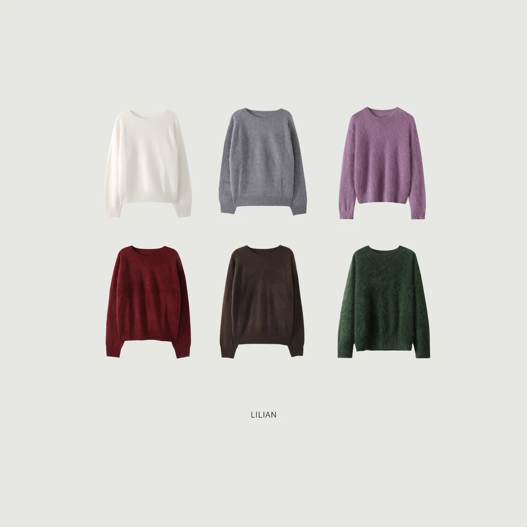 莉莉LIlian 氛围感治愈系无缝一体羊毛羊绒拉绒圆领长袖25秋