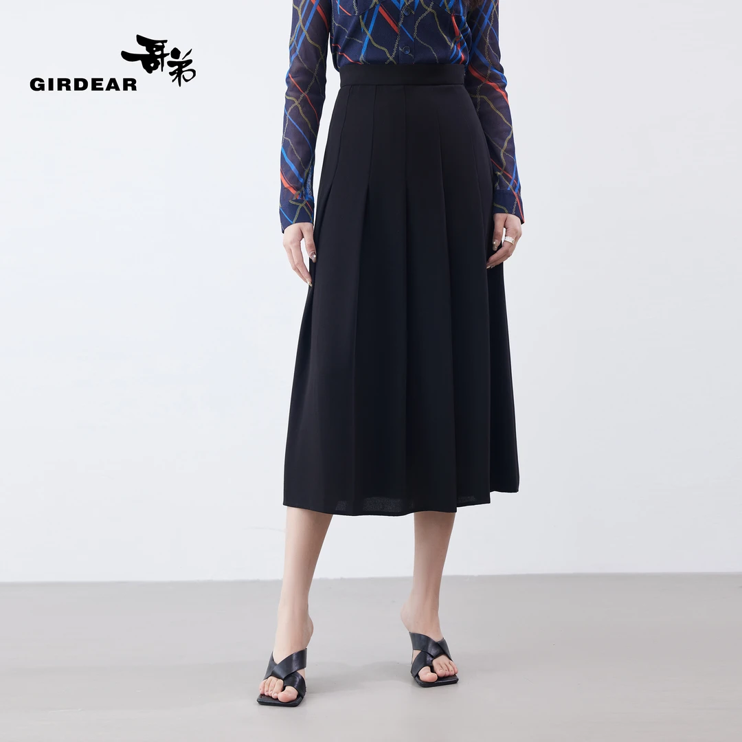 GIRDEAR/哥弟通勤垂感冰丝醋纤法式赫本显瘦百褶裙半身裙1200325-