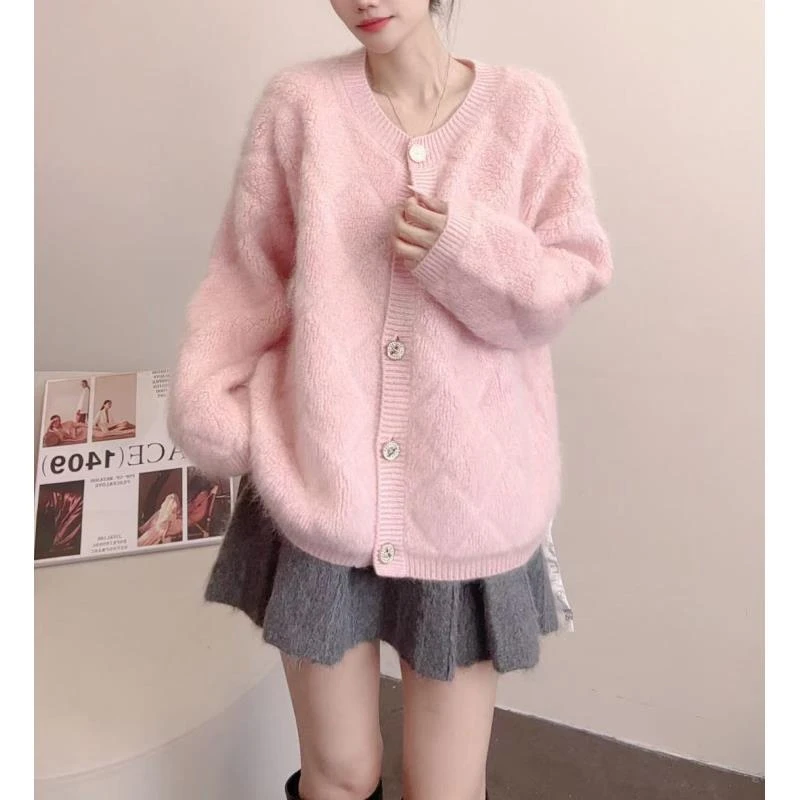 【100山羊绒】拉绒工艺255354-时尚减龄圈圈绒菱形格图案针织外套