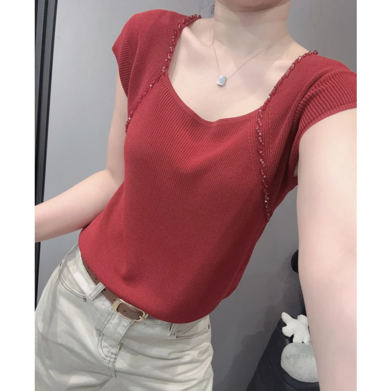 性感露锁骨冰丝针织衫短袖女时尚钉珠百搭修身大领口低领上衣夏季
