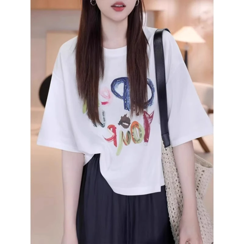 彩色字母印花短袖t恤女2025夏季新款设计感小众体恤宽松短款上衣