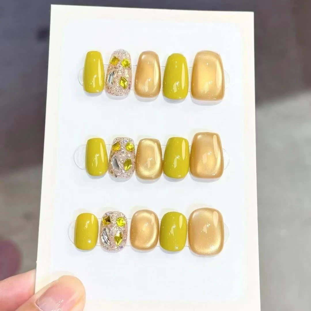 【芥末黄】纯手工穿戴甲 简约跳色高级感显白芥末黄搭配爆闪猫眼