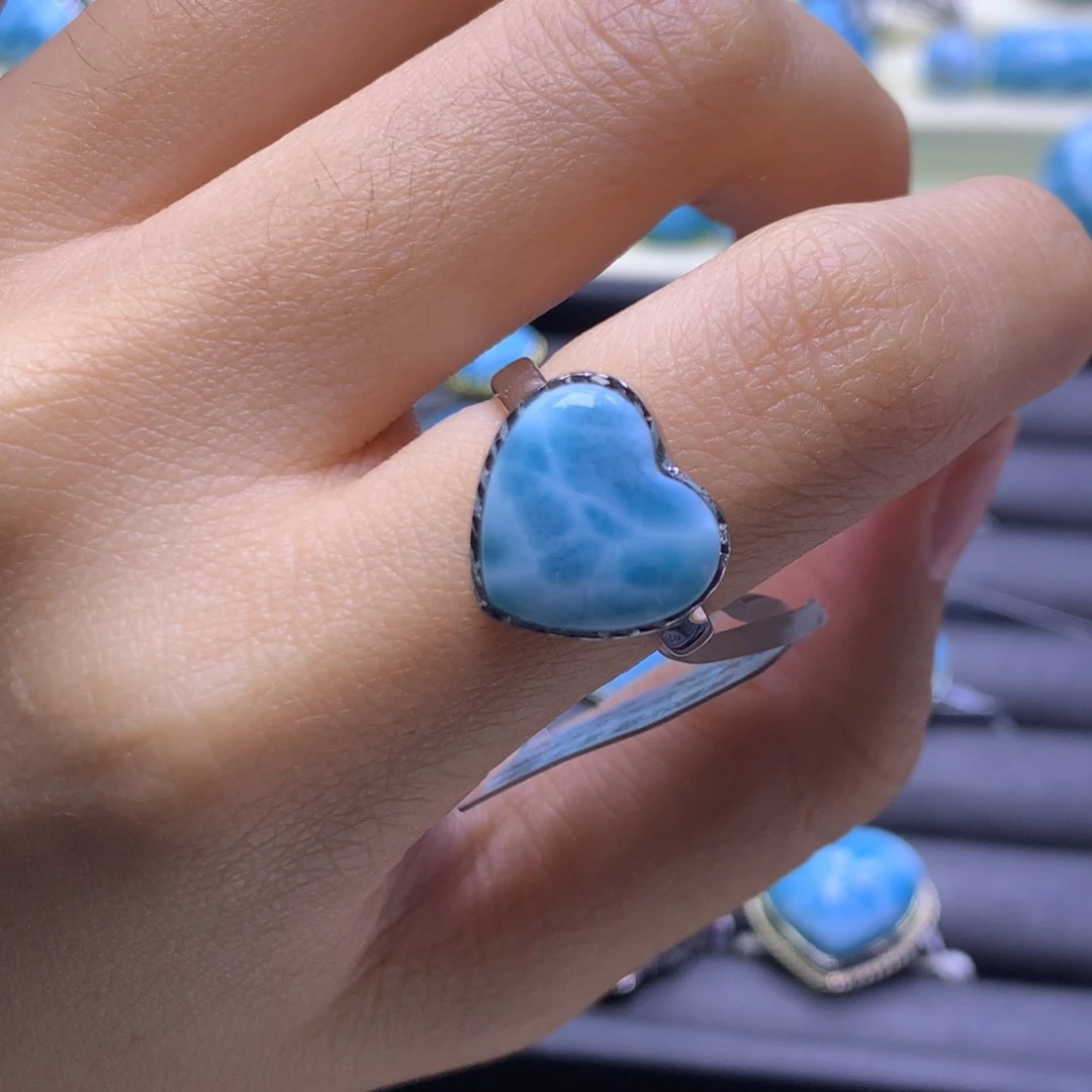 针钠钙石（海纹石）银S925镶嵌戒指爱心戒指色差略异
