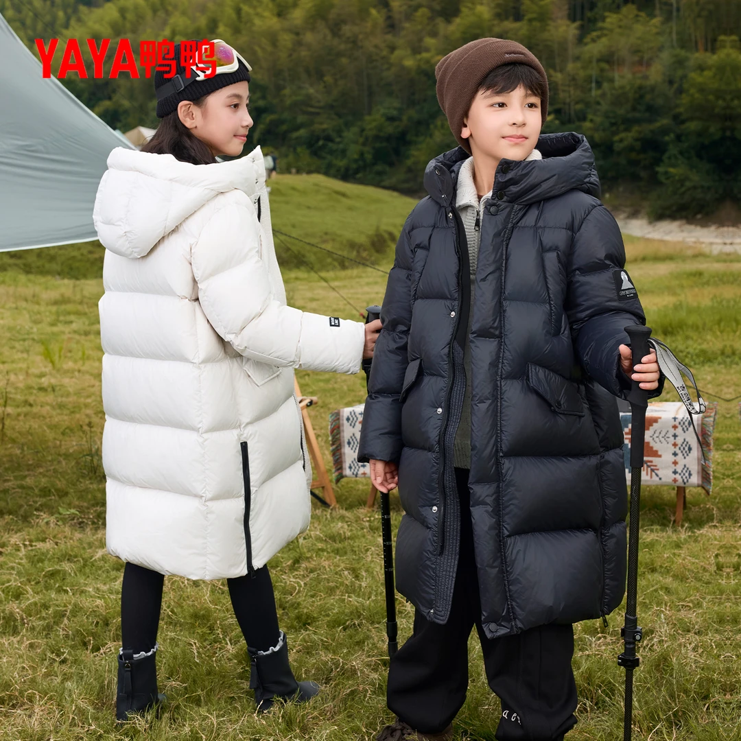 鸭鸭儿童羽绒服中大童男女童冬季2025新款中长款加厚保暖连帽外套