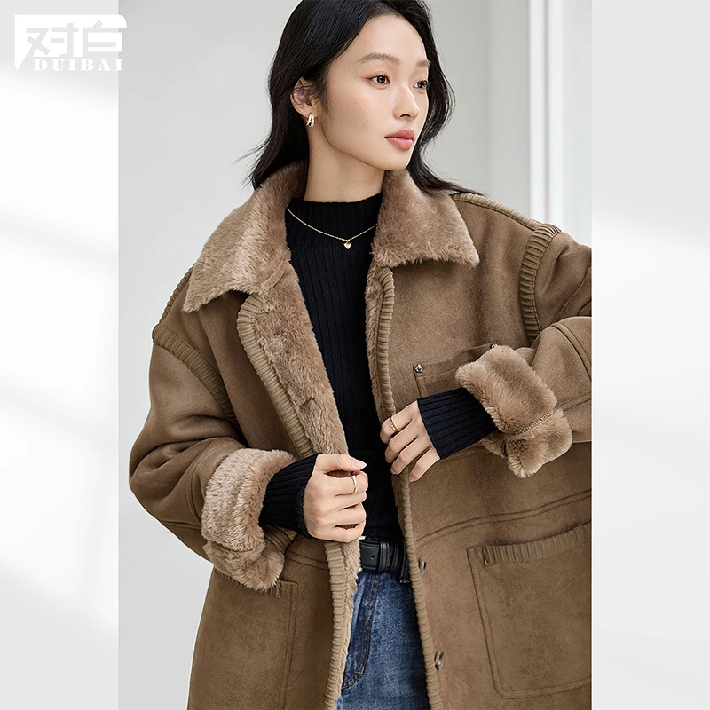 对白仿麂皮绒翻领毛毛外套女2025冬新款皮毛一体软糯保暖环保皮草