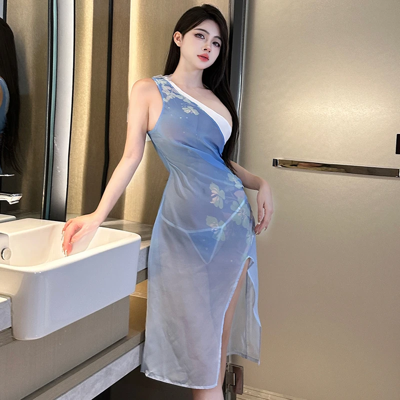 女性感连衣睡裙纯欲挂脖包臀汉服内衣单肩海棠花2420