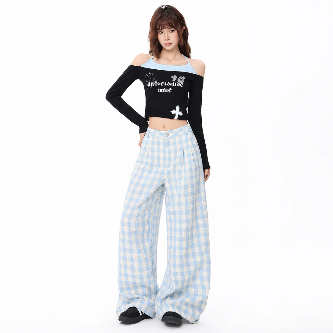 慵懒简约天空蓝宽松格子休闲裤2025高腰宽松垂感百搭显瘦阔腿女裤