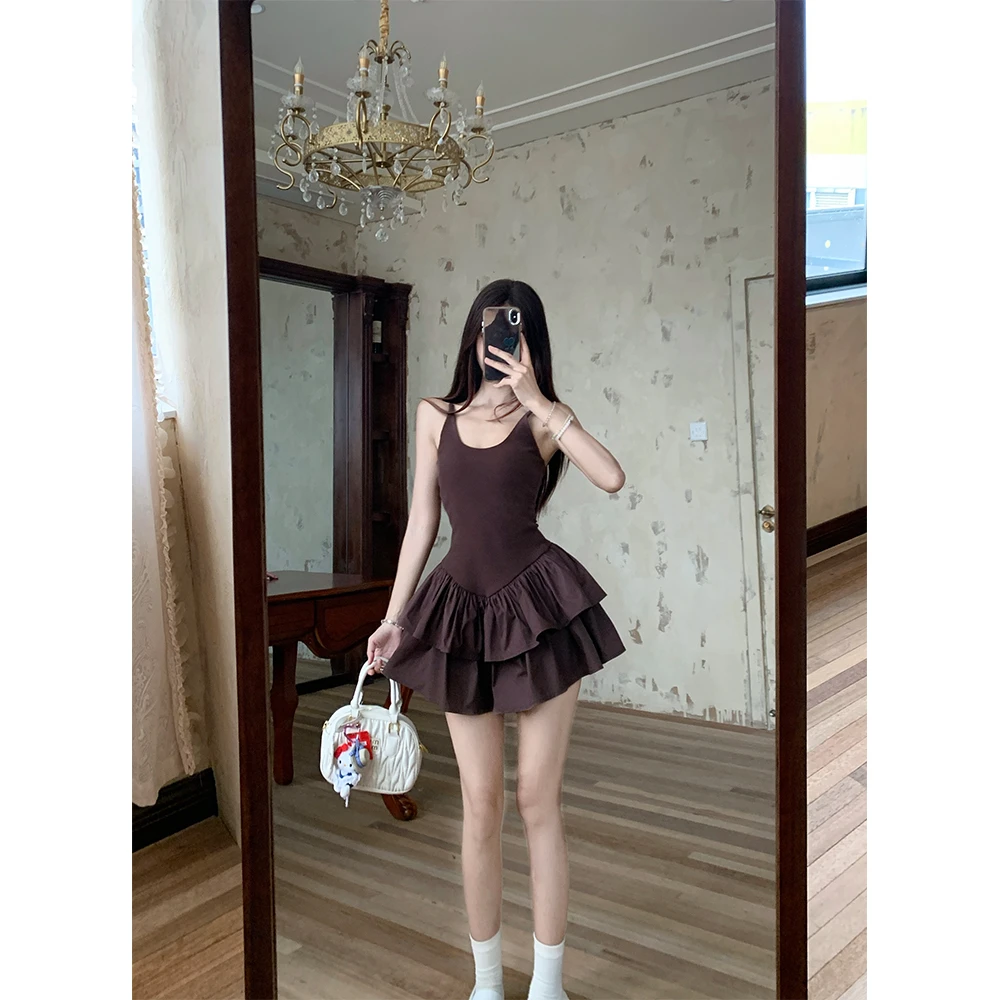 夏季新品女装极简拼接挂脖领无袖短连衣裙21506#
