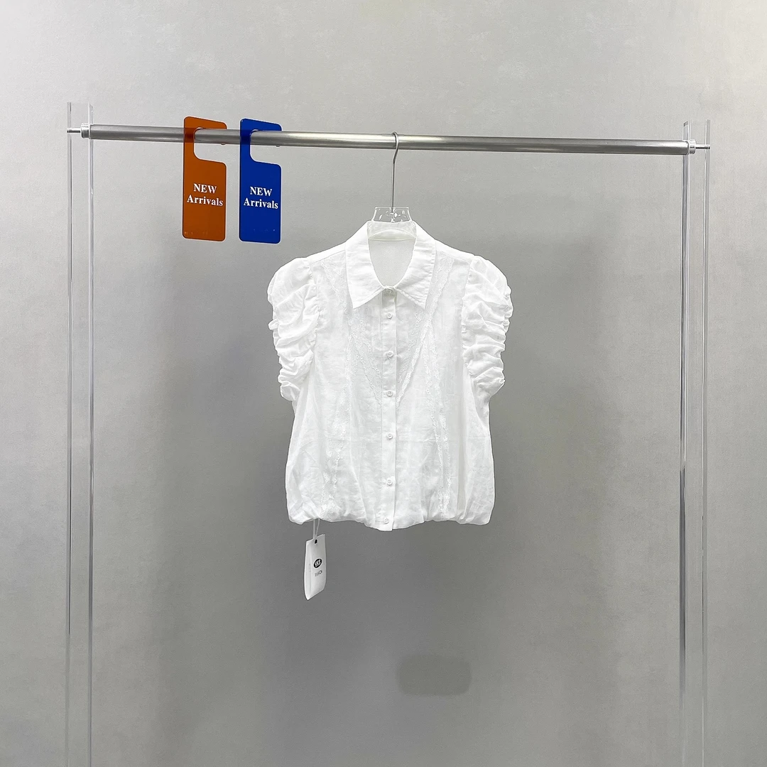 YKS欧货夏新款翻领花苞袖亚麻短袖衬衫女蕾丝刺绣拼接上衣251020