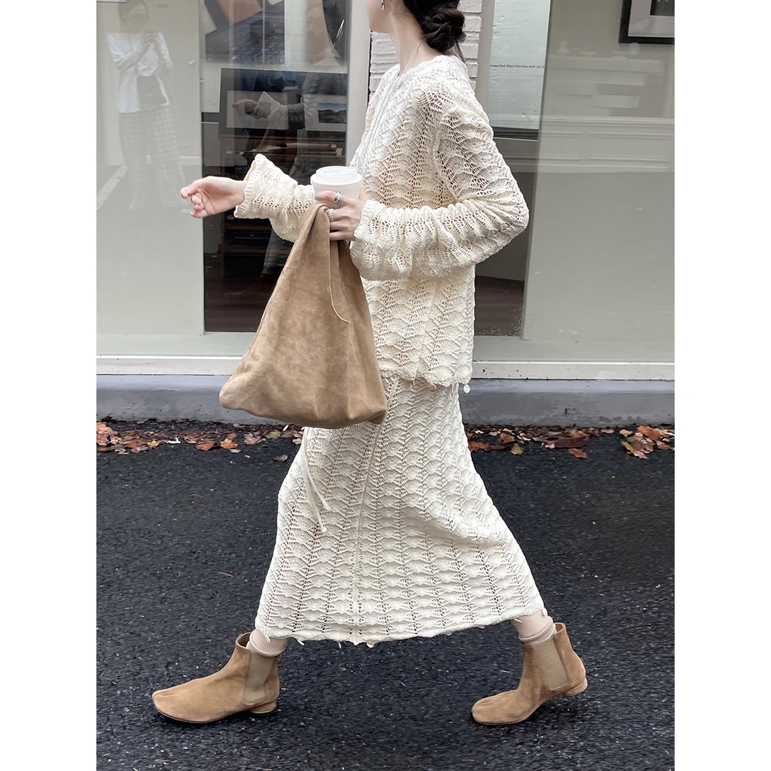 秋新款法式贝壳装饰钩针气质毛衣半裙时髦套装女秋季