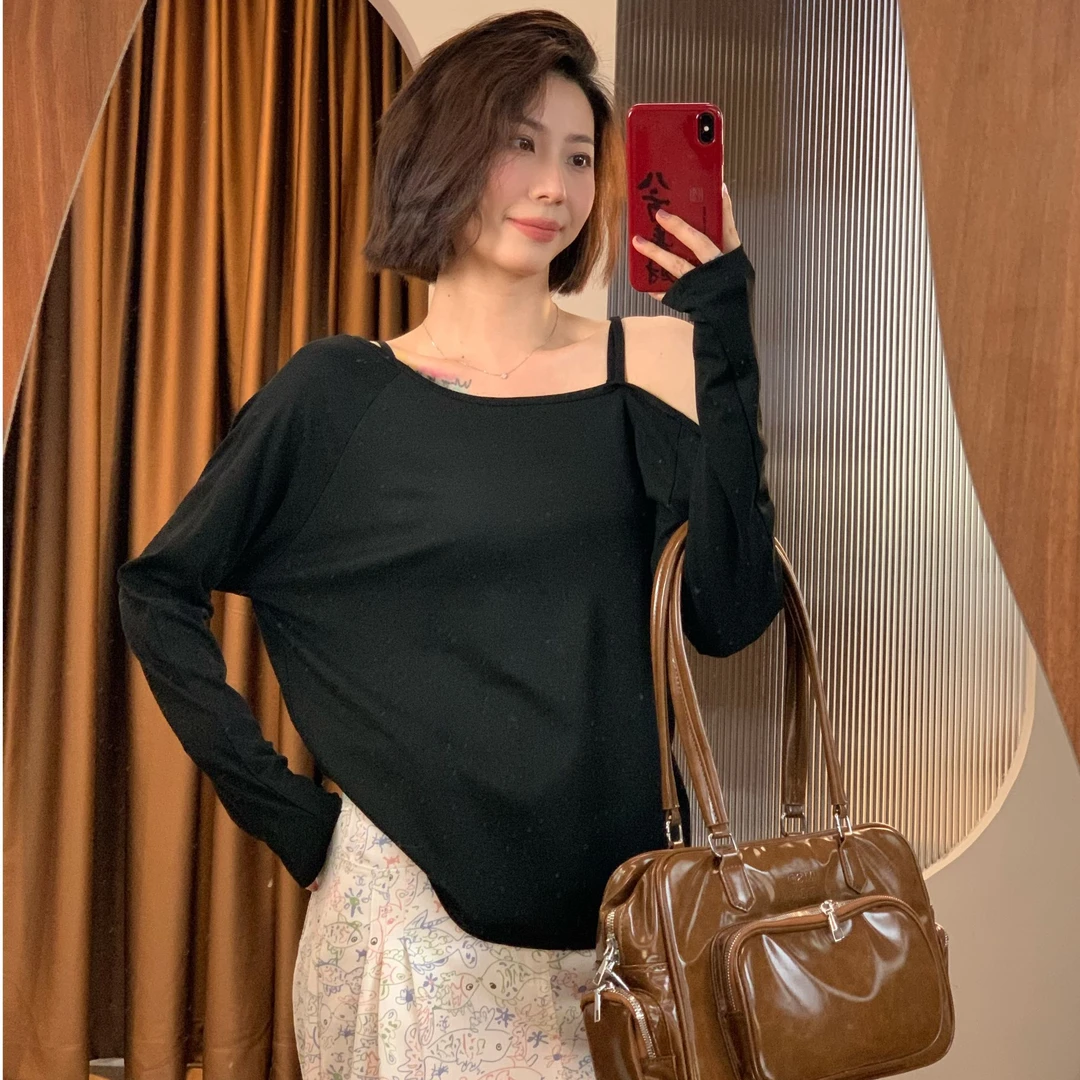 ［露右肩大 t］弹力宽松休闲百搭气质插肩袖露肩长袖 T恤 1638