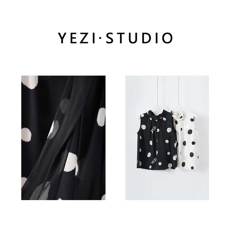 【律动音符】百-百桑蚕丝飘带领波点无袖上衣25233030