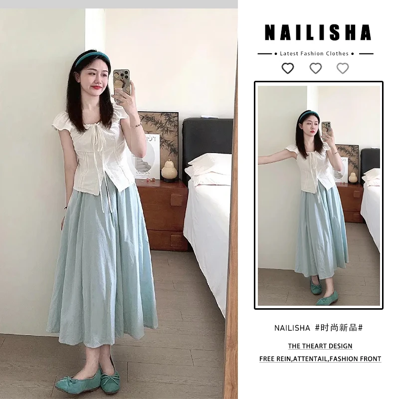 2025夏季新法式小个子盐系气质穿搭白色系带衬衫高腰半身裙两件套