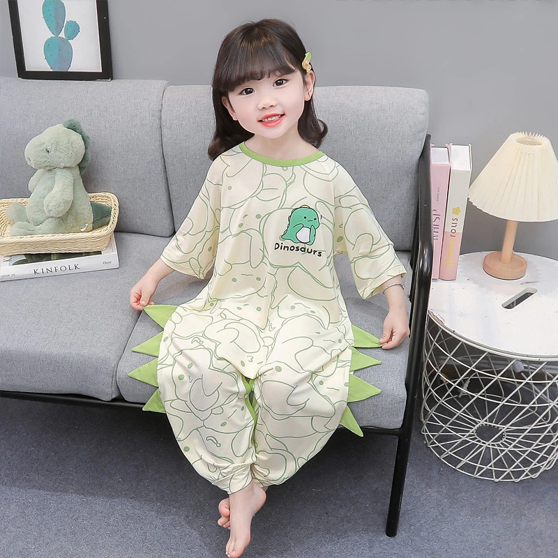 儿童连体睡衣夏季薄款莫代尔女童空调服婴儿宝宝夏天卡通恐龙睡袋