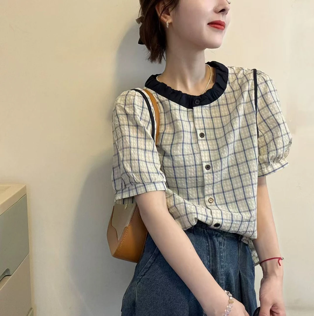 2025年夏季新款时尚娃娃领格子撞色短袖衬衫女泡泡袖洋气上衣6699