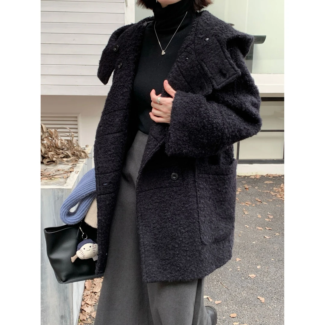 DUCURNO黑色连帽毛呢外套女2026冬季新款学院风气质宽松显瘦大衣