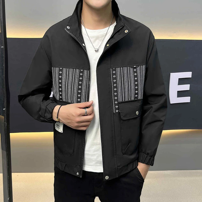 男士夹克春秋新款潮流立领韩版时尚上衣宽松简约休闲轻奢开衫外套