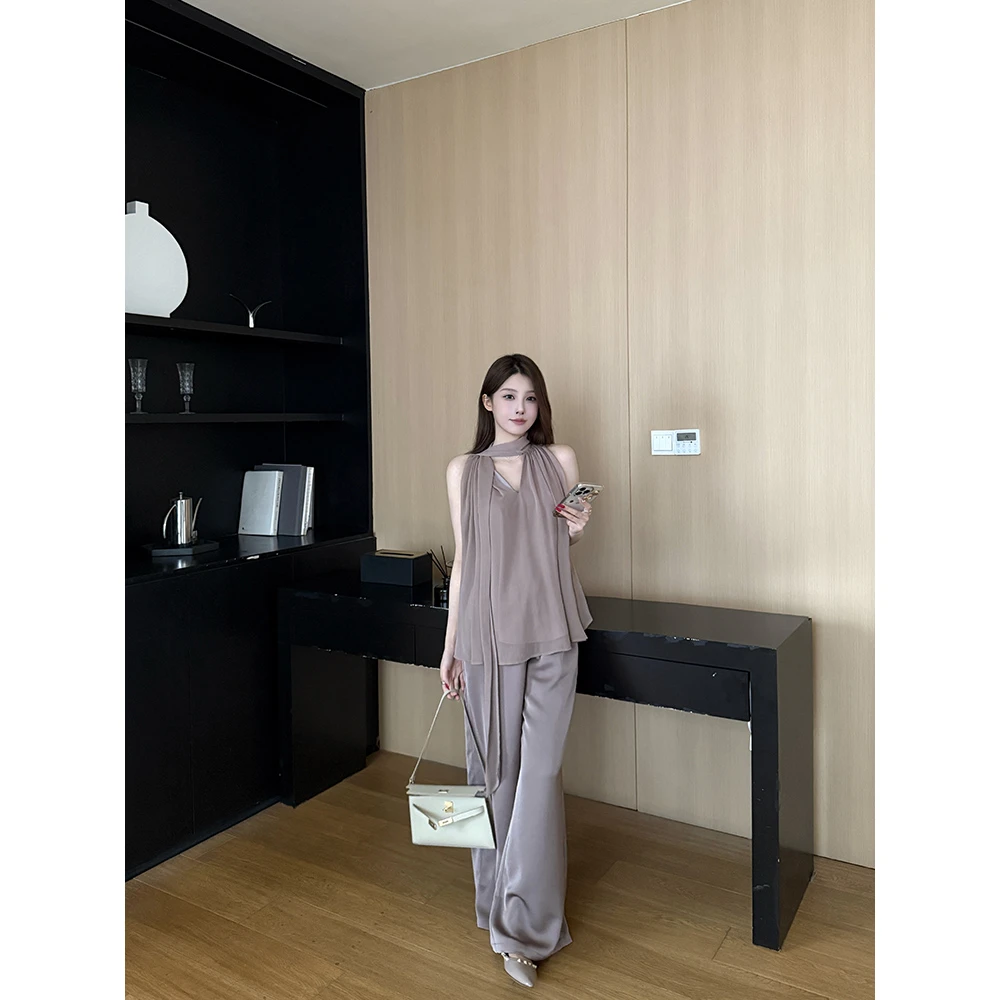 Breezy Z【浮光掠影】夏季挂脖露肩上衣缎面垂垂裤套装女 BZ4CSZ10