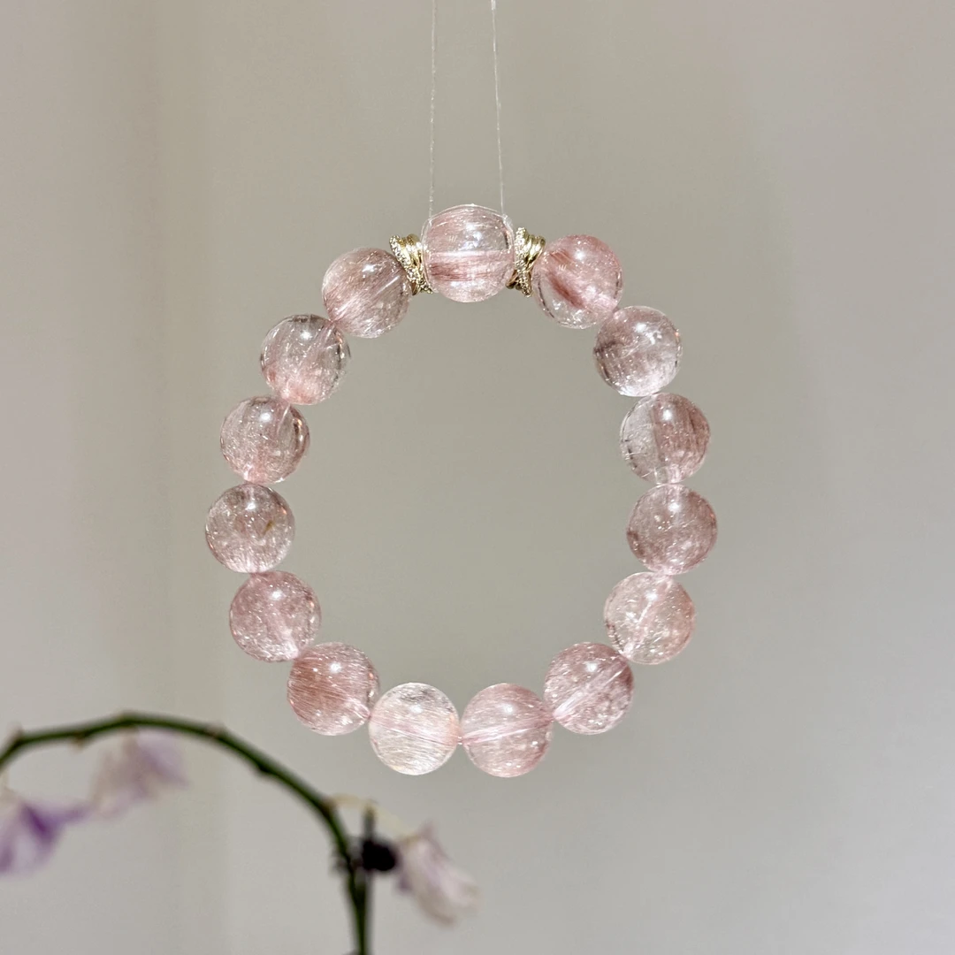 静月 12-13mm 天然玫瑰红茶彩兔毛水晶单圈手串