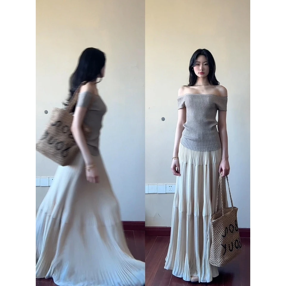 一字肩针织上衣短袖设计感短款t恤温柔百搭时尚a字半身裙