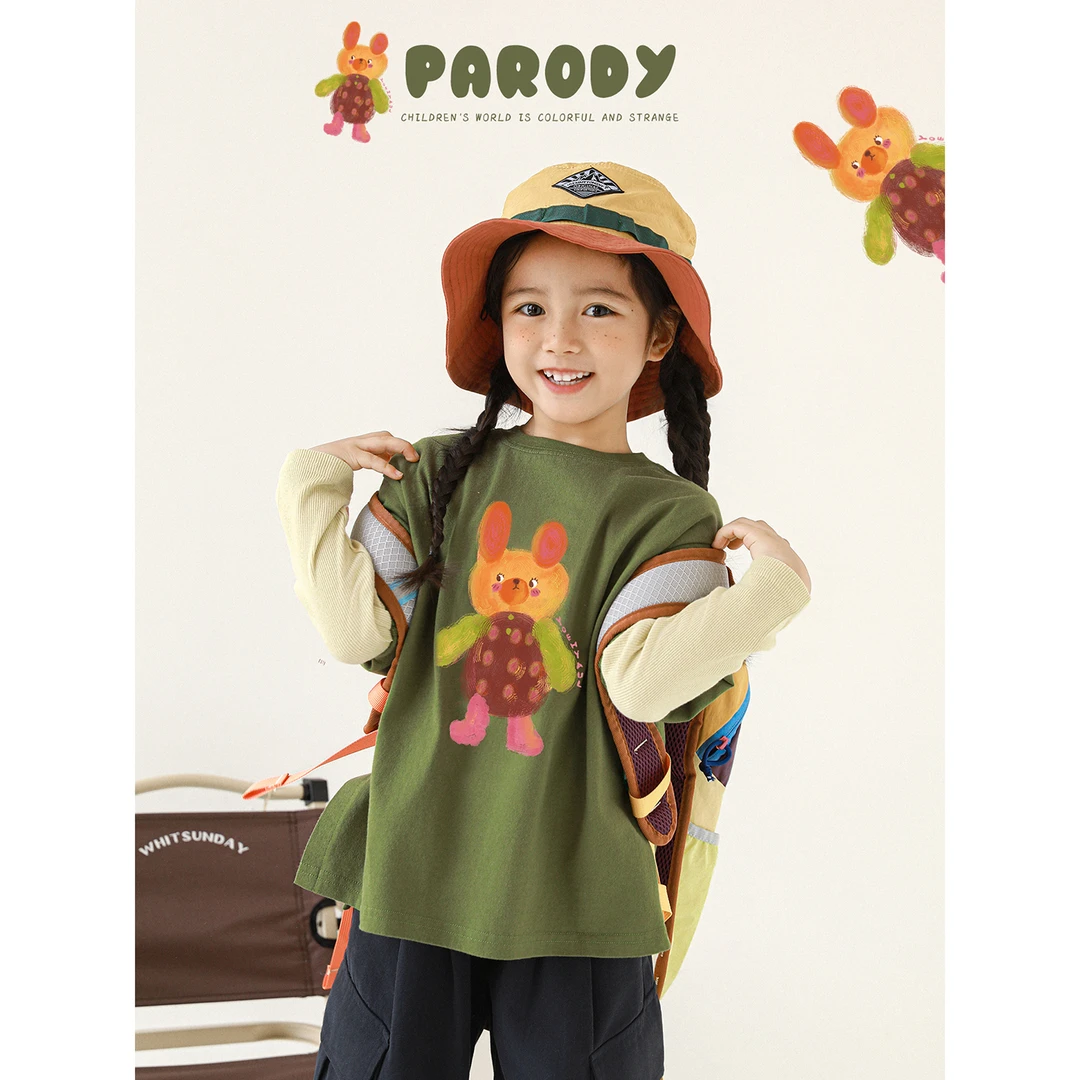 幼悠女童秋装插画印花套装儿童美式短袖针织衫叠穿两件套潮Q4688