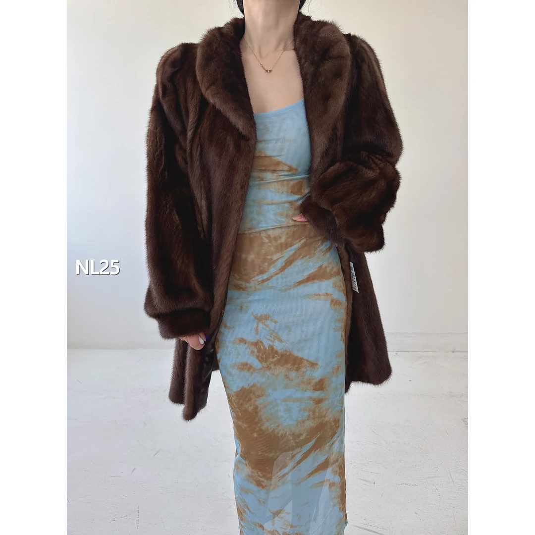 【NL25】M 冷茶棕中长款全抽貂皮大衣（肩40胸106衣82袖57）11025