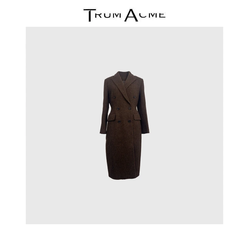 TrumAcme~2025秋季新款老钱风英伦彩点人字纹双排扣收腰大衣外套