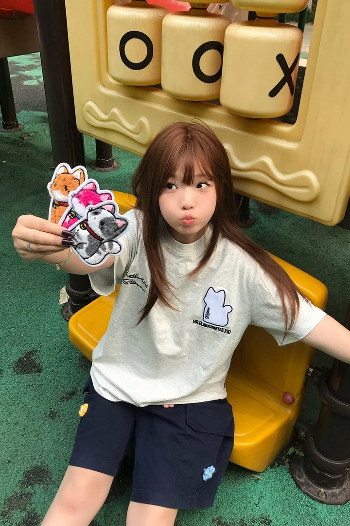 文文不乖复古小猫魔术贴短袖T恤贴布男女夏季宽松情侣纯棉上衣