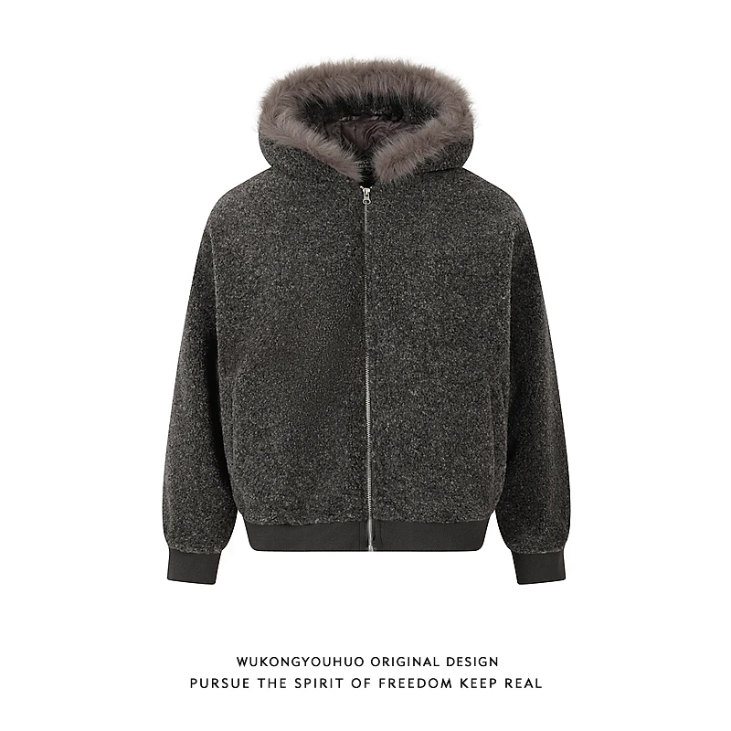 悟空有货冬季潮牌羊羔绒毛领连帽棉服男美式复古情侣保暖加厚棉衣