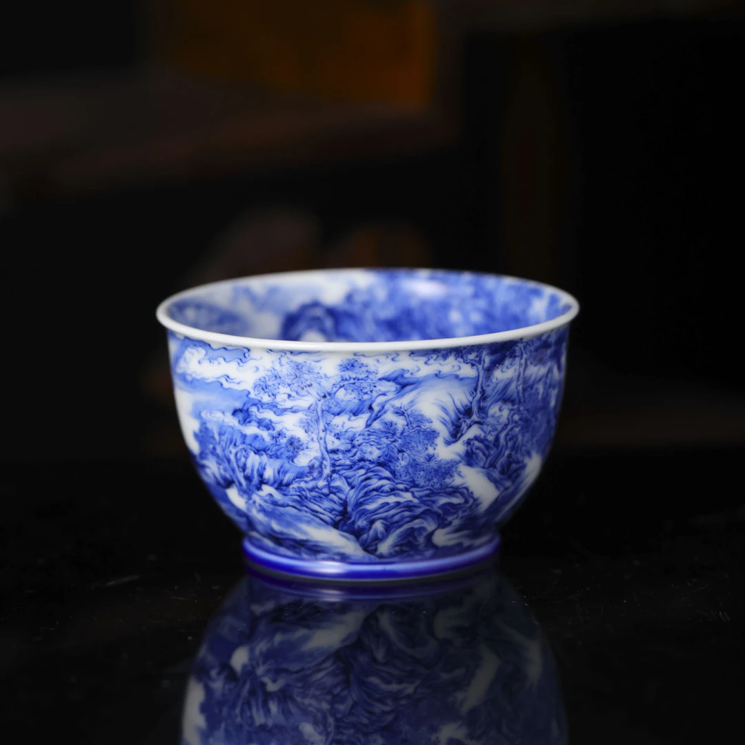 盛古珍玩-青花溪山高逸图杯--手绘陶瓷有差异