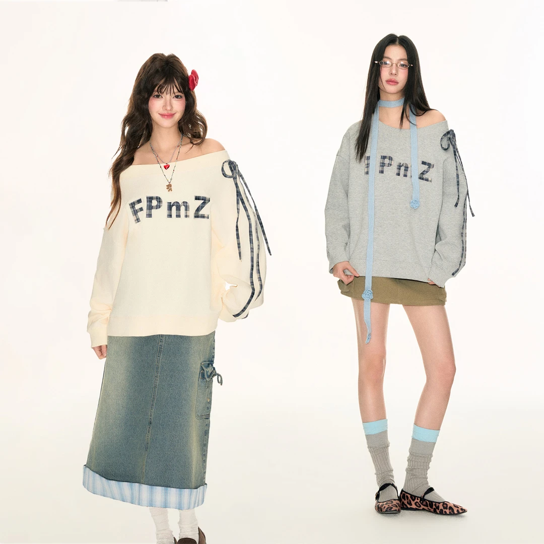 FPMZ 【双11抢先购】格纹撞色贴布绣一字肩斜肩卫衣贴条蝴蝶结绑带