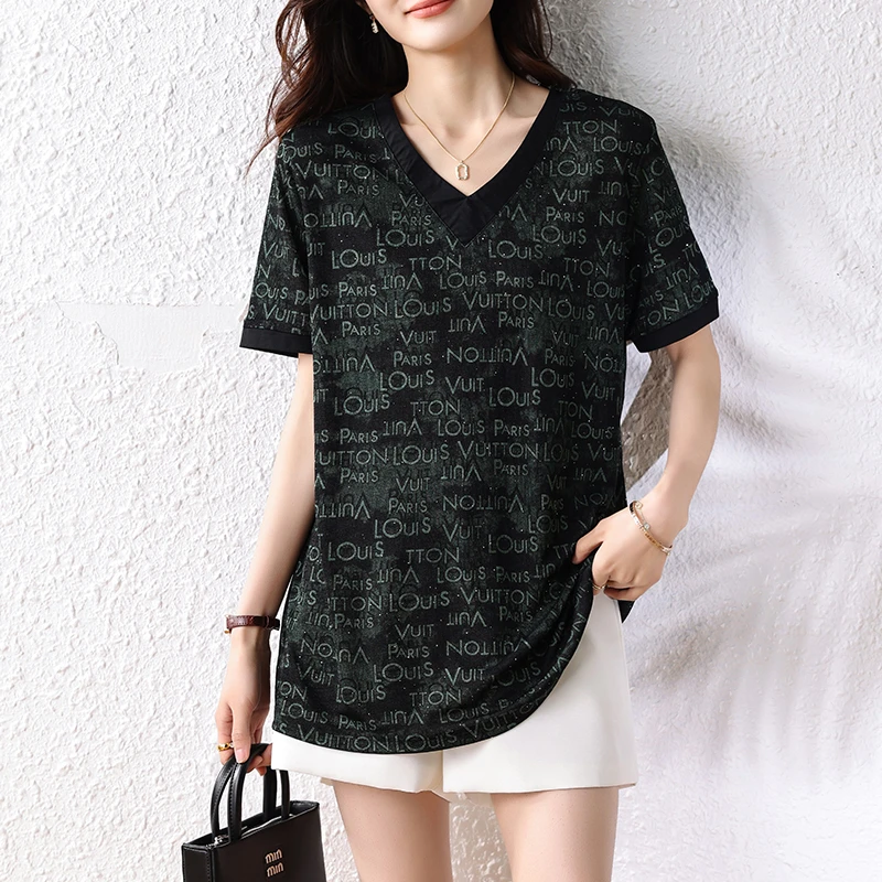 【女神新衣】v领t恤女短袖宽松2025新款胖mm大码中年妈妈洋气上衣