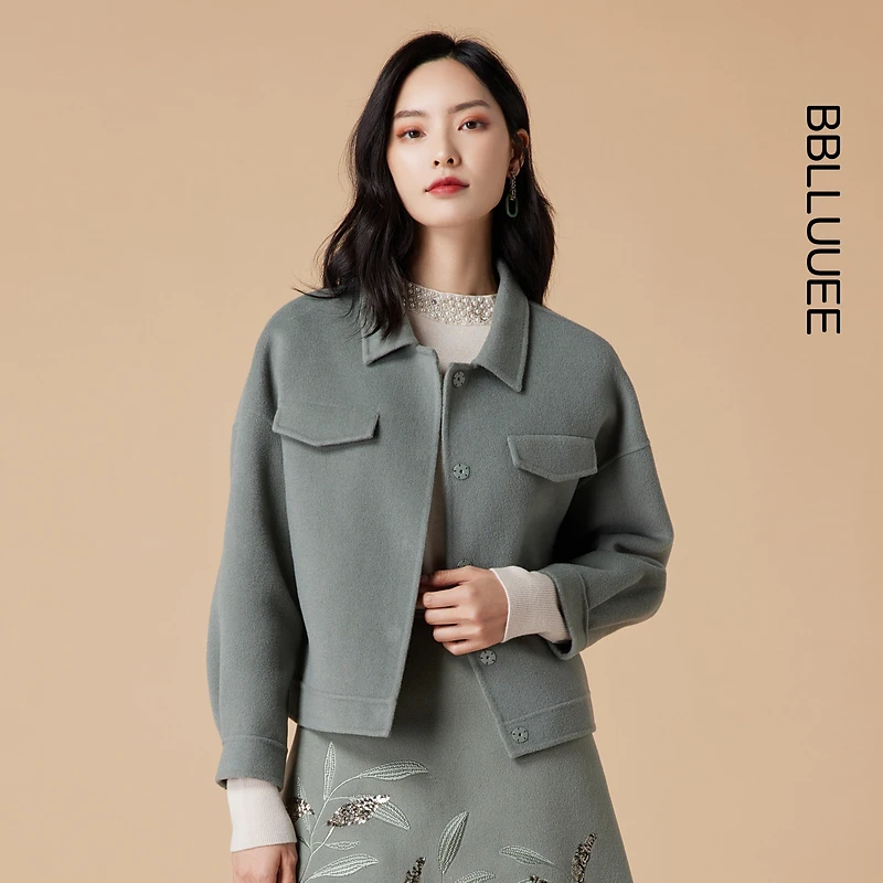 【晨晨精选】BBLLUUEE粉蓝衣橱复古气质双面呢短外套女冬装羊毛外套